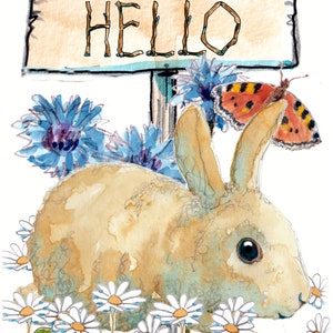 3227 Tarjeta de bebé recién nacido 'Bienvenido al mundo con el cartel de Hola'. Conejito bebé, flores de verano y mariposa. Se puede personalizar.