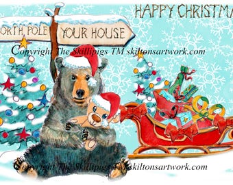 4850 Brown Bear Christmas card holding a teddy and a sleigh watercolour art print Postage options at checkout