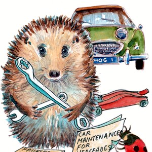3544 Carte de joyeux anniversaire mécanicien, carte d'entretien de véhicule à moteur. Un hérisson avec une clé à molette et une voiture de sport. Cela peut être personnalisé