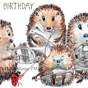 4430 Silberband Geburtstagskarte Happy Birthday Igel spielen Silberband Musikinstrumente Kann personalisiert werden und jedes Alter.