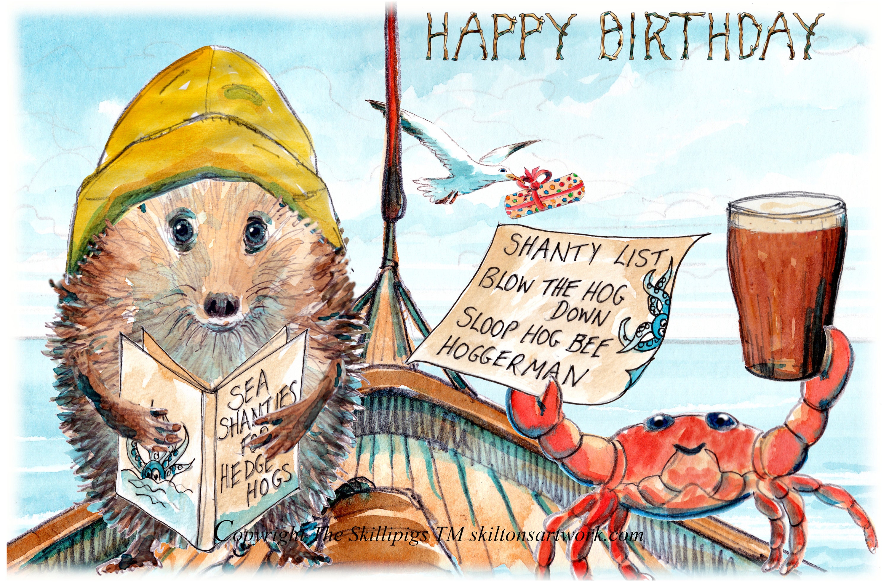 3045 Shanty singer card HAPPY BIRTHDAY card Sea shanty sailor songs. Crab and beer. hedgehog fisherman song Can be personalised