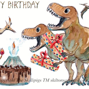 3711 Dinossauro FELIZ ANIVERSÁRIO dinossauro e cartão Vulcão tiranossauros par com bolo vulcânico pterodáctilo. Pode ser personalizado