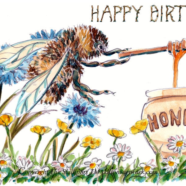 HAPPY BIRTHDAY card with a flying bumble bee and honey pot buttercups summer daisies, buttercups, cornflowers. Can be personalised No. 270