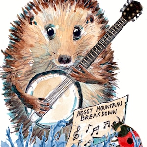 HAPPY BIRTHDAY card blue grass music folk American banjo player hedgehog. With real blue grass!! This can be personalise . No. 2179