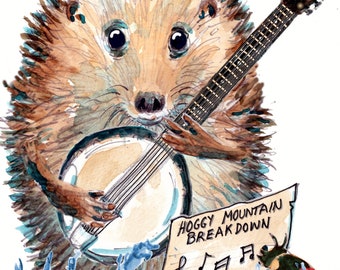 2179 HAPPY BIRTHDAY card blue grass  Appalachian music folk American banjo player hedgehog. With real blue grass!! Can be personalised.
