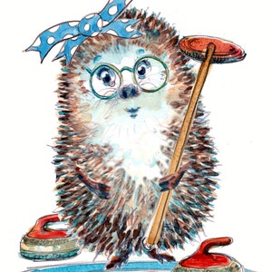 2056 Curling Happy Birthday Karte, Curling Spiel, Spielerin, Igel mit Bürste auf dem Eis. Wintersport. Kann personalisiert werden.