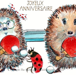 3180 French birthday card Joyeux Anniversaire, Happy birthday. Table tennis players with bats and ping pong balls. This can be personalised