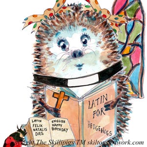Cartão de Feliz Aniversário 4669 com vigário em latim, bilíngue, padre ou clérigo ouriço e vitral. Pode ser personalizado.