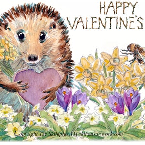 3570 Tarjeta de feliz día de San Valentín con corazón de amor, erizo, flores de primavera y abejorro. Se puede personalizar o tener un saludo diferente.