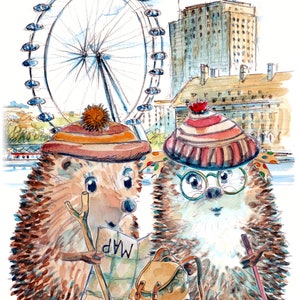 London Eye Grußkarte mit den Fertigipigs Touristen, Spaziergänger. Jubiläum vielleicht.  Personalisierbar mit zwei Namen Nr. L101