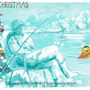 3375 Cartão de feliz Natal de pesca de carpa. Um pescador de rio de carpa ou peixe grosso na neve e árvore de Natal. Pode ser personalizado como mostrado