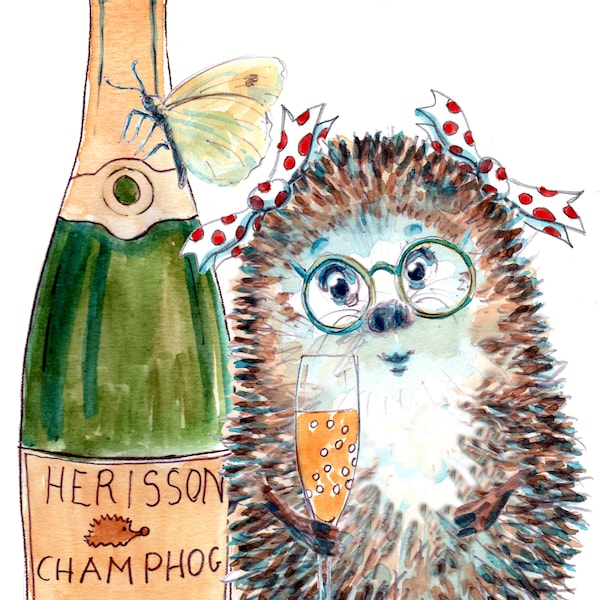 JOYEUX ANNIVERSAIRE Happy birthday French card with Champaign. Hedgehog  herrison with bubbly and bottle. This can be personalised No. 3005