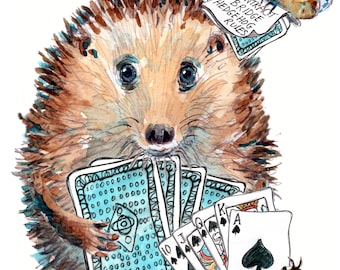 3854  Bridge game Happy Birthday Bridge player card. Contract bridge game with a hedgehog playing cards. Can be personalised.