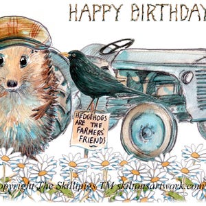 2407 Tarjeta de cumpleaños con tractor Tarjeta de cumpleaños de granjero con tractor vintage. Horca de granja y margaritas. Se puede personalizar.