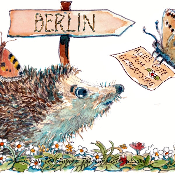 Alles Gut zum Geburtstag, Berlin happy birthday German language card with signpost, any place name. Skillipig greeting card No 1 GERMANY