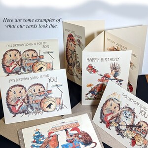 May include: Greeting cards with illustrations of hedgehogs, birds, and other animals. The cards are ivory-colored, 6 x 4 inches, and feature birthday and holiday themes. Some cards have text like "Happy Birthday" and "This Birthday Song is for You."