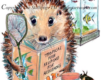 5479 Topical fish keeper birthday card hedgehog with aquarium Can be personalised UK postage options at checkout