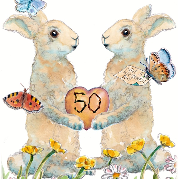 HAPPY ANNIVERSARY card, 50 or any number you like card with two bunny rabbits holding a golden heart. Personalised with any names. No. 3307