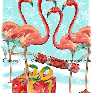 4121 Flamingo Weihnachtskarte mit mehreren rosa Flamingos mit einem Geschenk und zwei die einen Knaller ziehen.  Kann personalisiert werden.