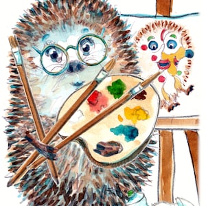 3110 FELIZ CUMPLEAÑOS artista erizo hembra. Retrato de arte moderno pintor de arte moderno con pinceles y pinturas al óleo. Se puede personalizar.