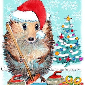 4157 Cartão de Natal Curling nosso ouriço está no gelo e encontra um presente entre as pedras. Pode ser personalizado.