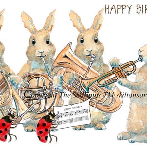 4442 Tarjeta de feliz cumpleaños para banda de música con conejos tocando música con trompa, trompeta, corneta, tuba. Se puede personalizar.