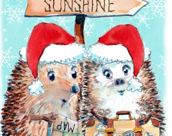 HAPPY HOLIDAYS Christmas card, couple Off to the sunshine. Winter Bon Voyage perhaps. Can be personalised with two names. No. 3446