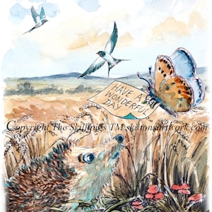 4193 Igel im Kornfeld Happy Birthday Karte mit Ernte-Feld und Schmetterling. Kann personalisiert werden.