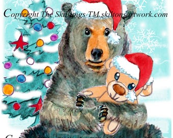 4873 Brown Bear Hugs Teddy Christmas Card watercolour art print Postage options at checkout