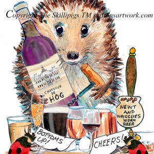Peut inclure: Illustration humoristique pour une carte d'anniversaire. Un hérisson est entouré de boissons, dont du vin et de la bière. Le texte comprend "Happy Birthday", "Bottoms Up!" et "Cheers!"