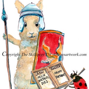 1984 Latin HAPPY BIRTHDAY card Felix Natalis Dies Latin and English bilingual with Roman soldier (rabbit) with shield. Can be personalised.