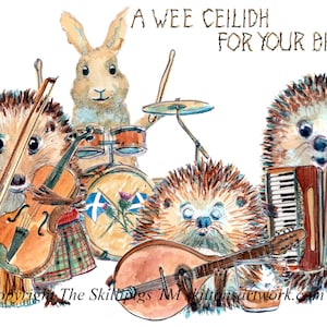 4161 Tarjeta escocesa Ceilidh Una pequeña Ceilidh para tu cumpleaños, banda de baile folclórico que toca violín, acordeón, mandolina, batería. Se puede personalizar.