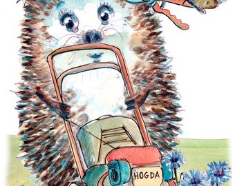 5459 lady or woman gardener lawn mowing hedgehog card Can be personalised A 6 by 4 inch card UK postage options at checkout