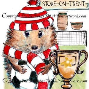 May include: A birthday card illustration of a hedgehog in a red and white striped hat and scarf, clutching a football. The card also shows a trophy, goal posts, and the text "HAPPY BIRTHDAY" and "STOKE-ON-TRENT".