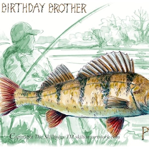 2517 Perche Carte de joyeux anniversaire frère, avec perche. Pêcheur à la ligne de pêcheur principal de rivière ou de lac se reposant sur la banque avec la canne à pêche. Peut être personnalisé