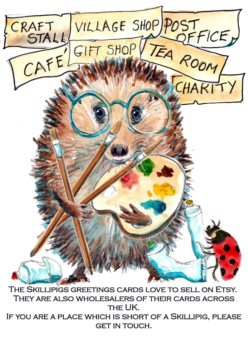 May include: Watercolor illustration of a hedgehog wearing glasses, holding paintbrushes and a palette. The image includes banners with the words "Craft Stall", "Village Shop", "Post Office", "Cafe", "Gift Shop", "Tea Room", and "Charity". Text at the bottom.
