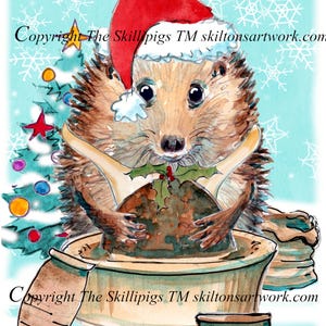May include: A festive watercolour illustration featuring a hedgehog in a Santa hat, embracing a Christmas pudding. The image includes the text "HAPPY CHRISTMAS" and is set against a light blue backdrop with snowflake details.