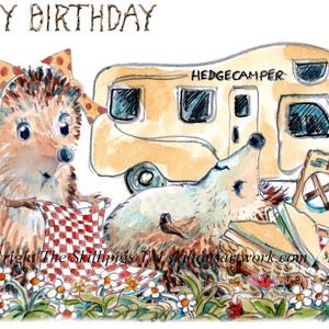 4457 camper van e piquenique Cartão de aniversário Casal de ouriços viajando de férias Pode ser personalizado ou uma saudação diferente.