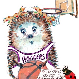 4131 Basketball Geburtstagskarte sportliches Ballspiel Igel Spielerin mit ihrem Ballreifen und Weste. Kann personalisiert werden.