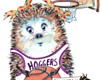 4131 Carte d'anniversaire de basket-ball hérisson féminine de jeu de ballon, joueuse avec son cerceau et son gilet. Peut être personnalisé.