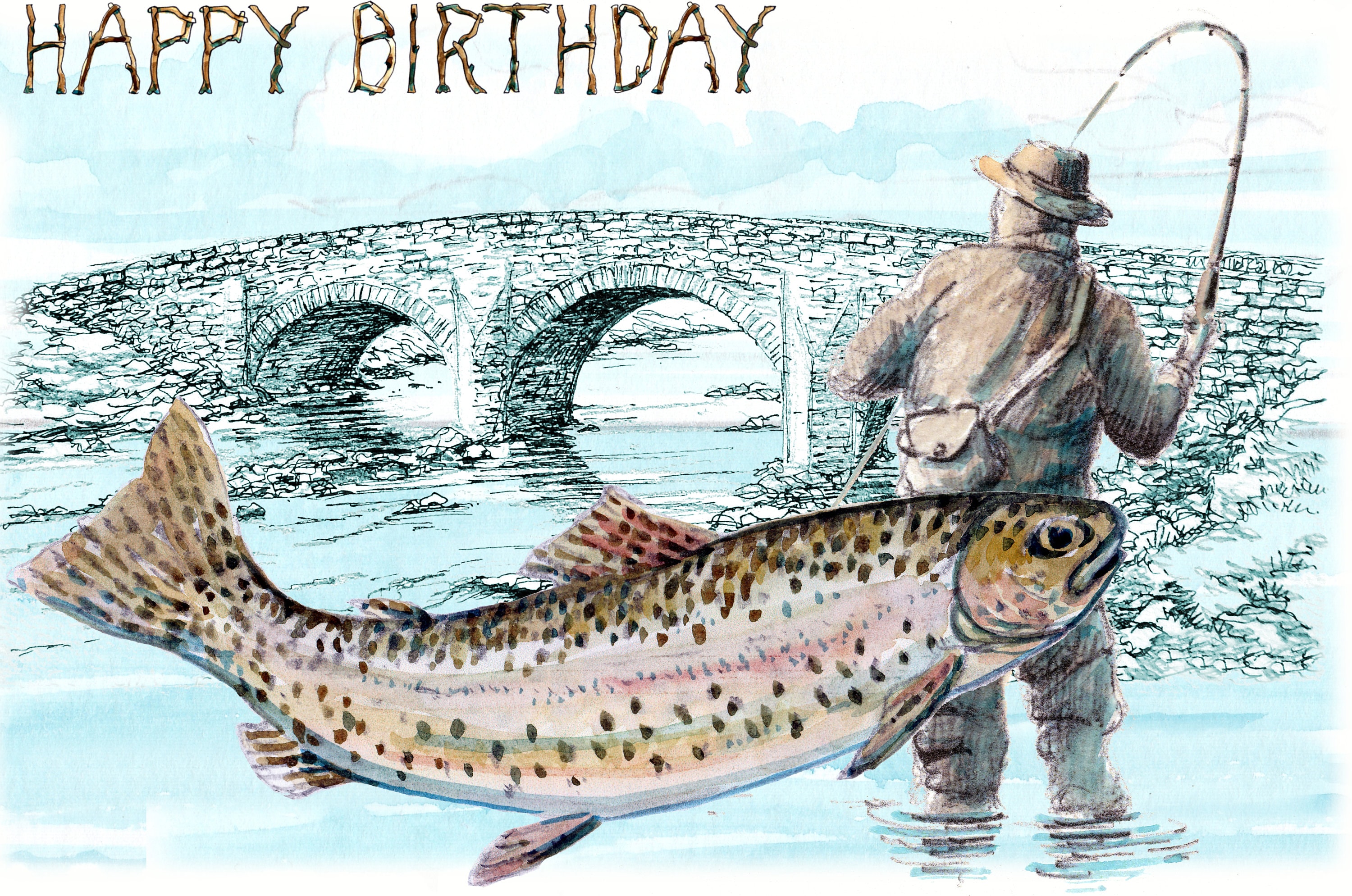HAPPY BIRTHDAY card river lake stream trout fly fishing fisherman with  waders by a bridge rod and bag, Can be personalised. .No.3154