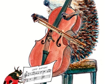 3867 Cellist playing a cello Happy Birthday card. The sheet music is there to play, member of a hedgehog orchestra. Can be personalised.