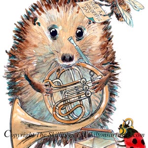 Tarjeta de cumpleaños 4426 para trompa. Erizo músico de banda con su instrumento de viento metal. Orquesta o aprendizaje estudiantil. Personalizable.