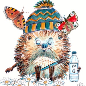 gehende HAPPY BIRTHDAYkarte. Wanderer oder Wanderer eingeschlafen. Unser Igel Wanderer ruht sich mit Wasser und Stock aus. Kann personalisiert werden.Nr.275
