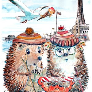 2 BLACKPOOL Grußkarte mit gehendem Paar am Meerstrand mit Turm Blackpool Rock Zu personalisieren.