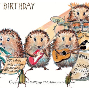 3516 Pop Popmuziek uit de jaren 60 Happy birthday kaart egelgroep of band Rollend met kevers of Beatles gitaren en drumstel. Kan worden gepersonaliseerd