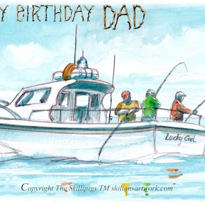 3111 Meeresfischer Geburtstagskarte Happy Birthday DAD, Meeresfischer Boot mit Fischer auf dem Wasser. Dies kann mit einem beliebigen Namen personalisiert werden