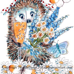 4667 Congratulation card or any event as it has no text. Hedgehog with champagne or bubbly glass  and flowers  Any greeting or language