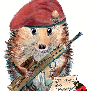 3288 Army HAPPY BIRTHDAY Karte, Igel Armeesoldat mit Baskenmütze und Gewehr. Kann personalisiert werden