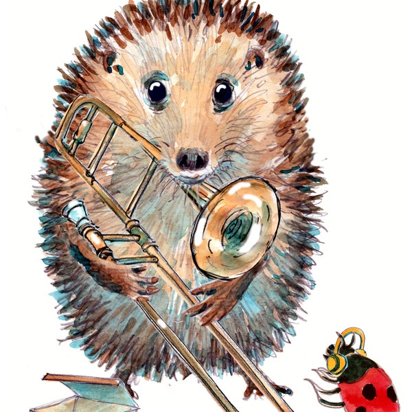 HAPPY BIRTHDAY card, trombone player, musician musical hedgehog ladybird brass band or marching band orchestra. Can be personalised No.3496